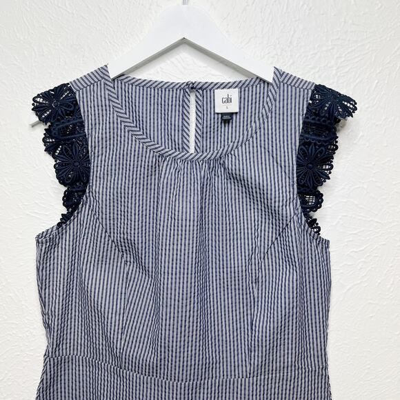 CAbi Crochet Flutter Sleeve Top Seersucker Blue White Striped #5727 Sz S - Picture 3 of 9